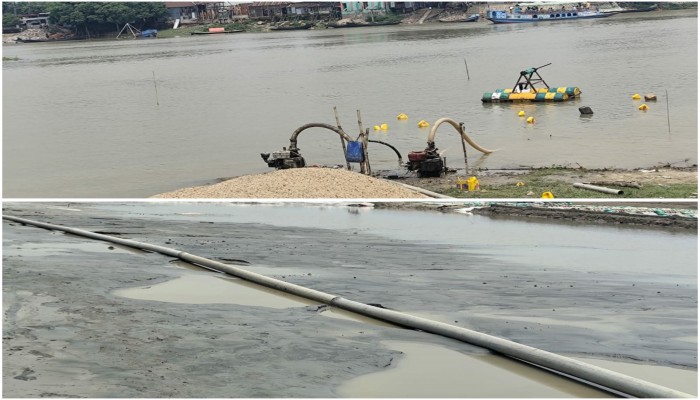 মধ্যনগরের গুমাই নদে ড্রেজার বসিয়ে বালু উত্তোলন, ব্যবস্থা নিচ্ছে না প্রশাসন